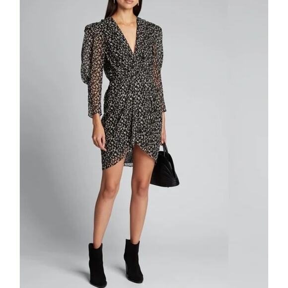 IRO Victoria Silk Mini Floral Puff Sleeve Dress in Black Print 34 Extra Small - Picture 1 of 7